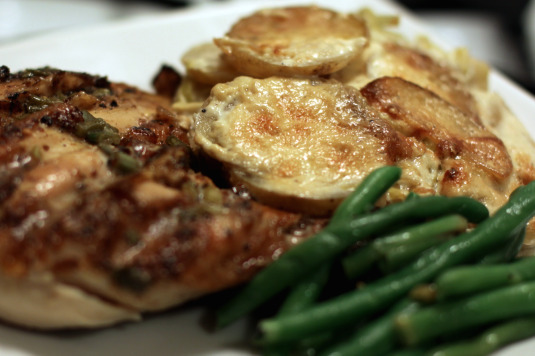 leek and potato gratin with brick chicken