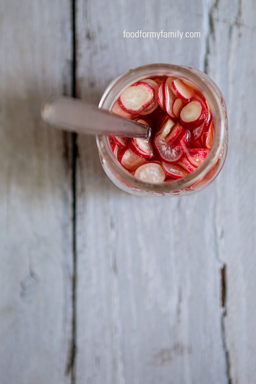 Quick and Easy Pink Pickled Radishes via FoodforMyFamily.com #recipe