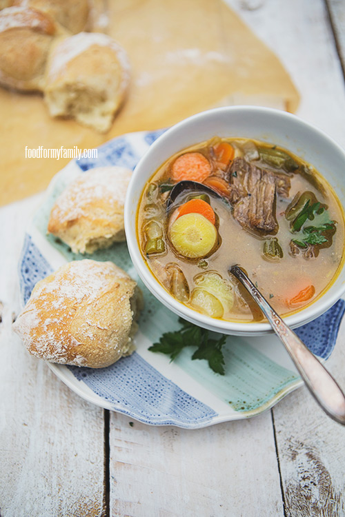 Garden Vegetable Beef Soup #recipe via FoodforMyFamily.com