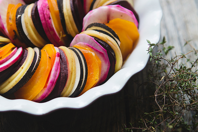 Beet and Root Vegetable Tian with Apple Cider Reduction recipe | FoodforMyFamily.com