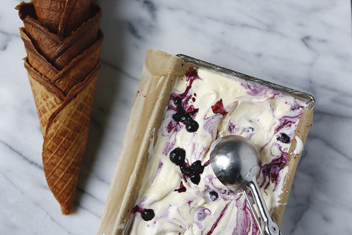 Roasted Blueberry Cheesecake Ice Cream with Graham Cracker Waffle Cones \ FoodforMyFamily.com
