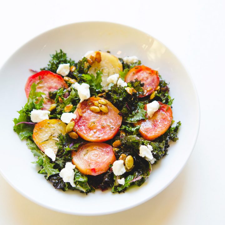 Honey Roasted Beets and Kale Salad w/ Apple Cider Vinaigrette | #recipe via FoodforMyFamily.com