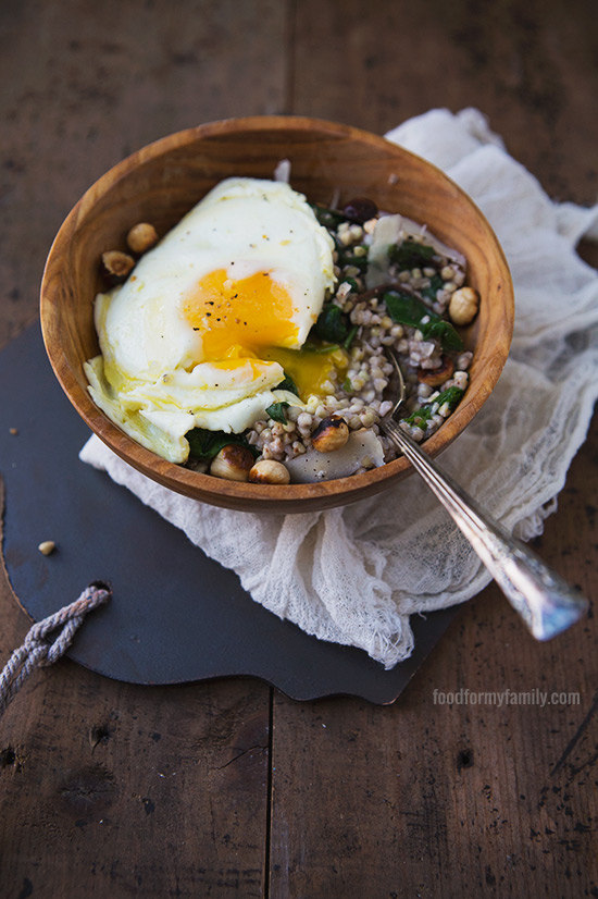 Savory Kasha {Buckwheat Porridge} #recipe w/ Parmesan, Bitter Greens, and Toasted Hazelnuts via FoodforMyFamily.com 