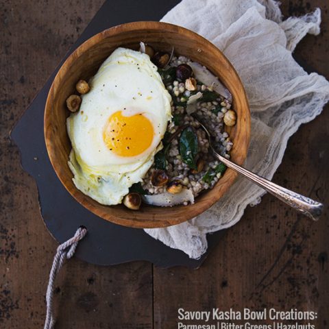 Savory Kasha {Buckwheat Porridge} #recipe w/ Parmesan, Bitter Greens, and Toasted Hazelnuts via FoodforMyFamily.com