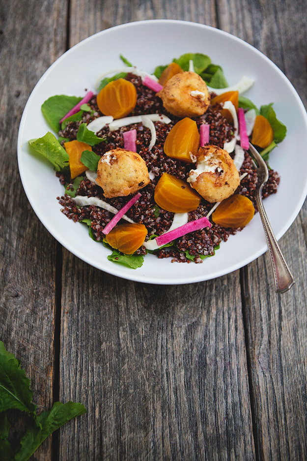 Quinoa Salad with Roasted Beets, Fennel and Fried Goat Cheese recipe | FoodforMyFamily.com