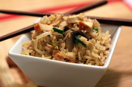chicken fried rice in a bowl