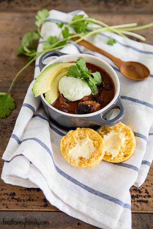 Poblano Black Bean Chili with Cilantro Avocado Cream #recipe via FoodforMyFamily.com