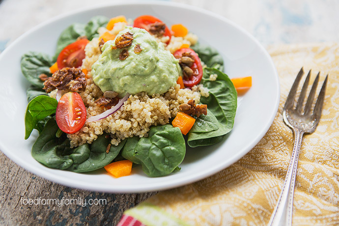 Avocado Yogurt Dressing with Quinoa Salad via FoodforMyFamily.com