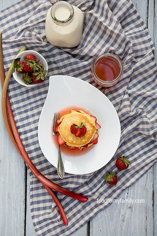 Ricotta Pancake Strawberry Stacks with Honey Rhubarb Syrup via FoodforMyFamily.com