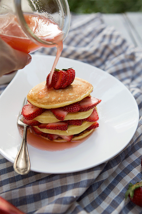 Ricotta Pancake Strawberry Stacks with Honey Rhubarb Syrup via FoodforMyFamily.com