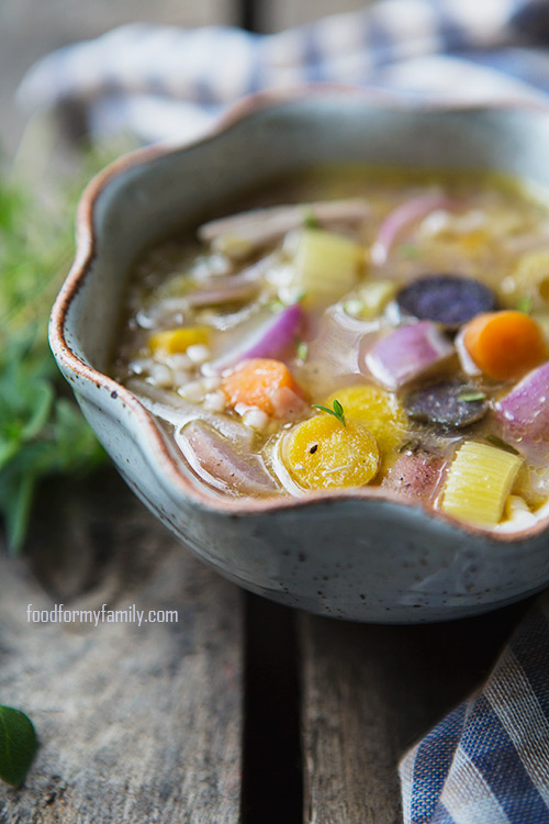Chicken Noodle Soup with Acini di Pepe, Leeks, and Radishes #recipe via FoodforMyFamily.com