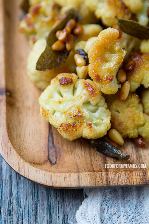 Honey-Roasted Cauliflower with Pine Nuts and Crispy Sage #recipe via FoodforMyFamily.com
