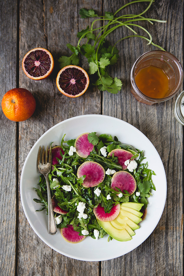 Watermelon Radish and Arugula Salad with Citrus Vinaigrette #recipe | FoodforMyFamily.com