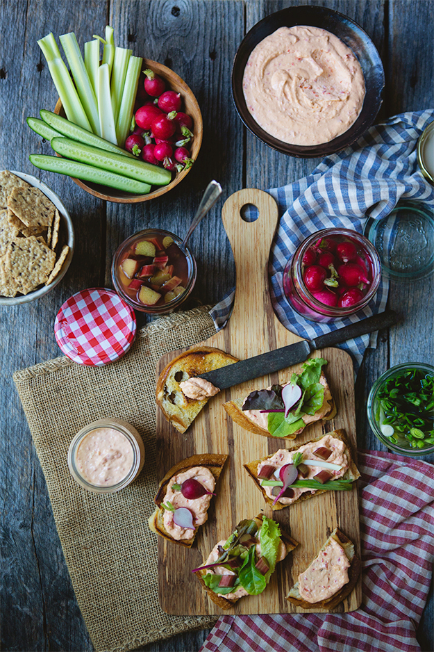 Pimento Cheese with Pickled Green Garlic, Radishes, and Rhubarb recipe | FoodforMyFamily.com