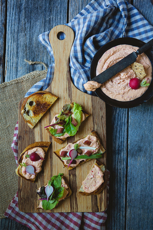 Pimento Cheese with Pickled Green Garlic, Radishes, and Rhubarb recipe | FoodforMyFamily.com