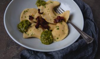 Potato Leek Casoncelli Pasta with Walnut Pesto #recipe | FoodforMyFamily.com