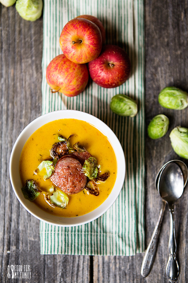 Butternut Squash Soup with Seared Kielbasa and Toasted Brussels Sprouts Recipe | FoodforMyFamily.com
