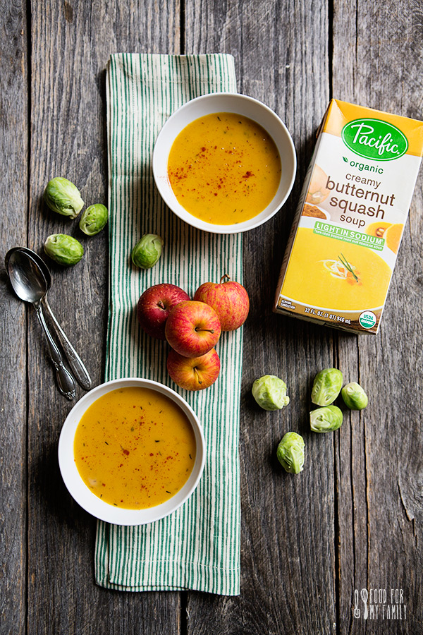 Butternut Squash Soup with Seared Kielbasa and Toasted Brussels Sprouts Recipe | FoodforMyFamily.com
