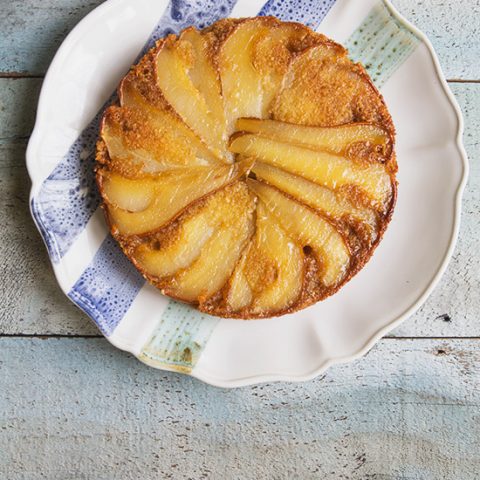 Upside Down Caramelized Pear and Almond Cake #recipe via FoodforMyFamily.com
