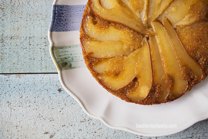 Upside Down Caramelized Pear and Almond Cake #recipe via FoodforMyFamily.com